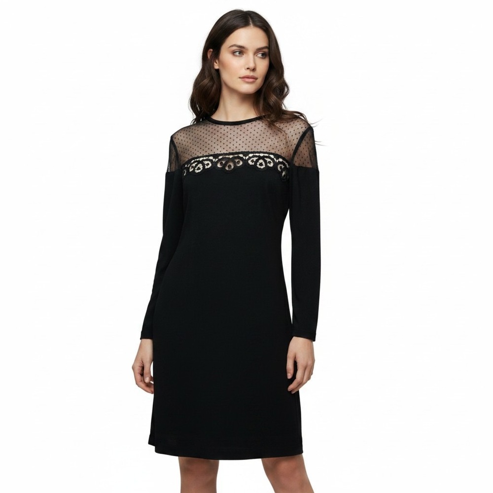 Sandro Paris Black Long Sleeve Mini Dress Sheer Mesh Lace Yoke Tie Back Size 2
